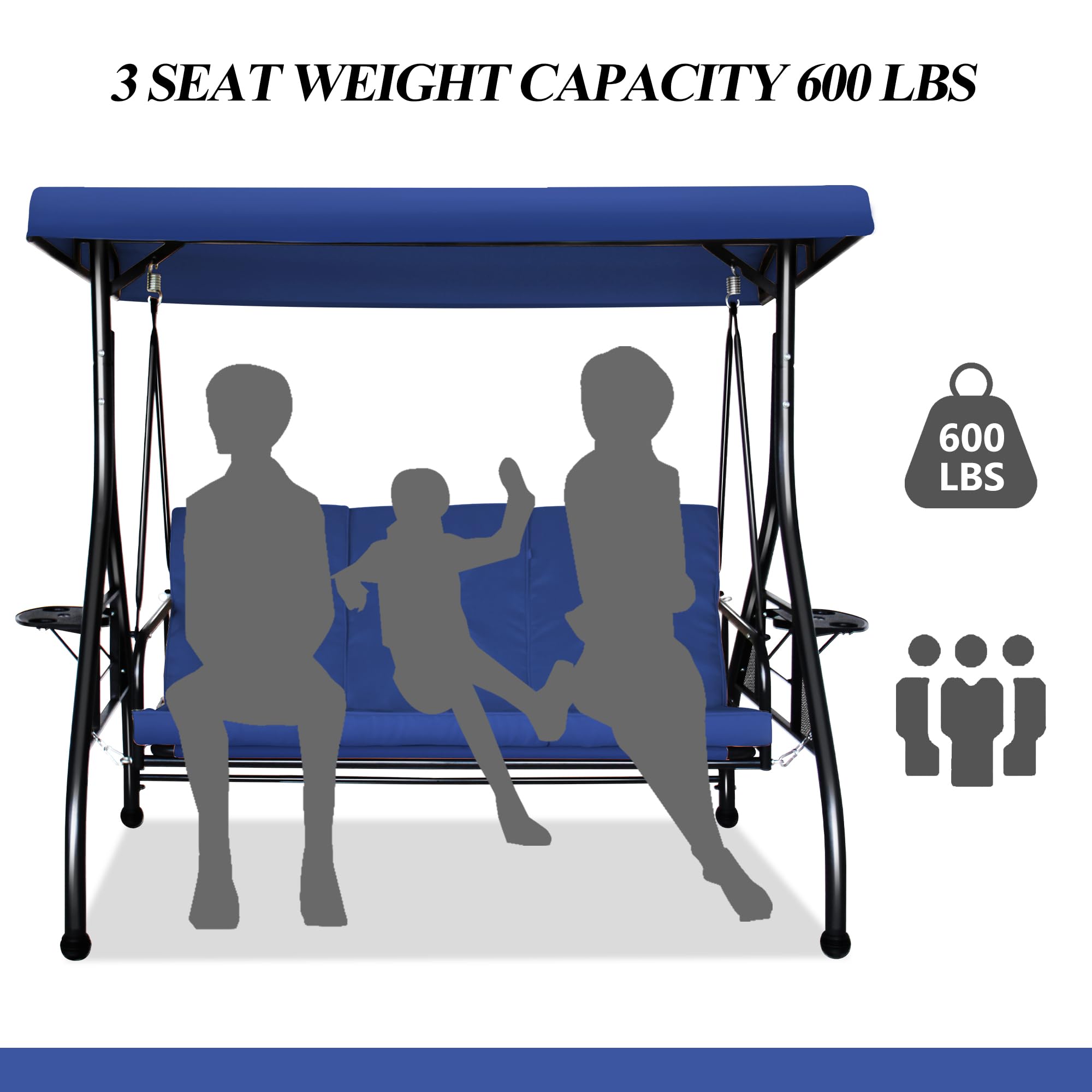 COVERONICS 3-Seat Outdoor Porch Swing, Patio Lounge Swing Chair with Converting Canopy for Deck, Backyard, Poolside, Patio Adjustable Shade & Removable Cushions(Navy Blue)
