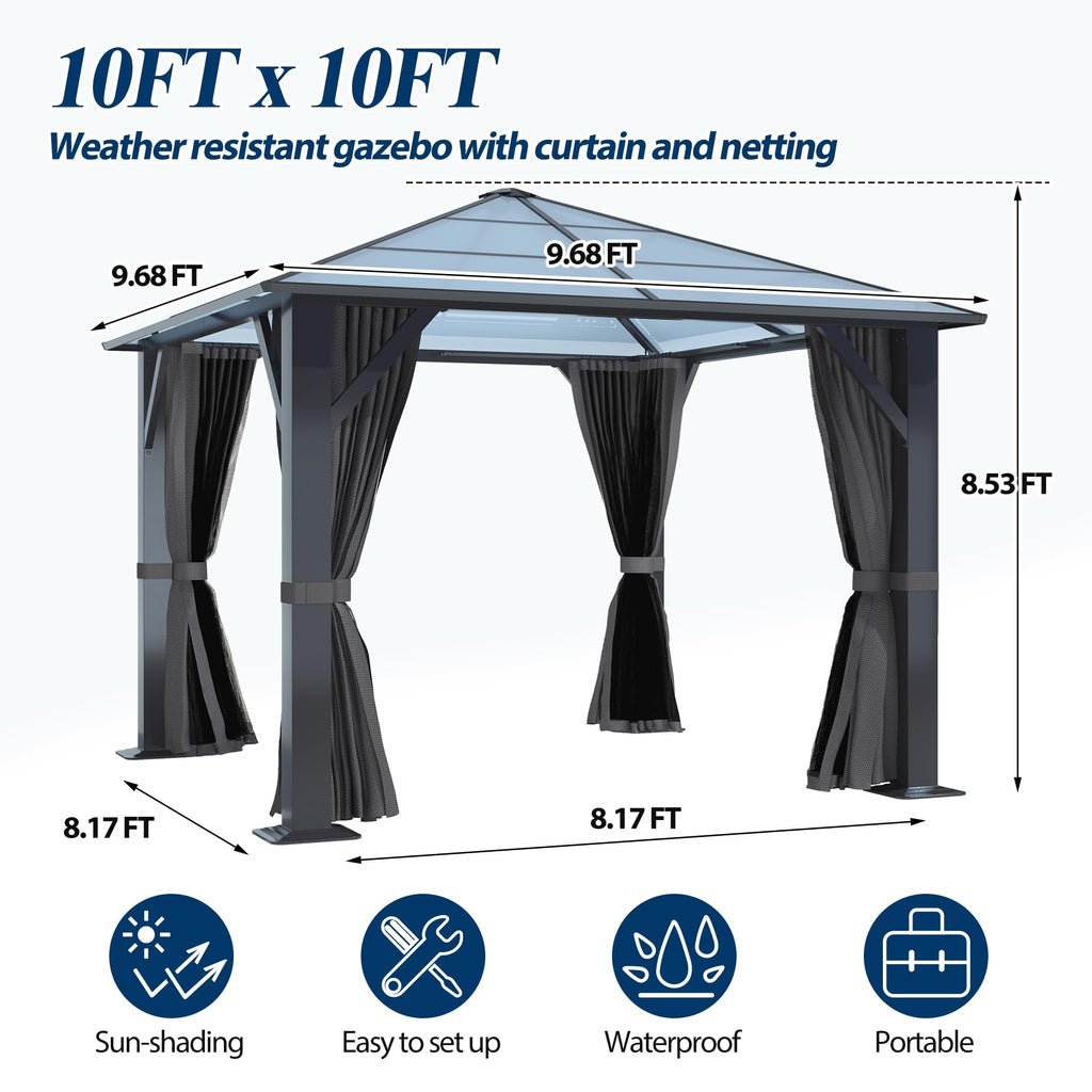 10×10 ft Polycarbonate Single Roof Hardtop Gazebo