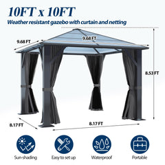 COVERONICS 10FT x 10FT Patio Polycarbonate Hardtop Gazebo with Steel Frame - Outdoor Translucent Single Roof Gazebo with Breathable Netting & Shaded Curtains for Porch, Lawn, Garden, Backyard, Poolside