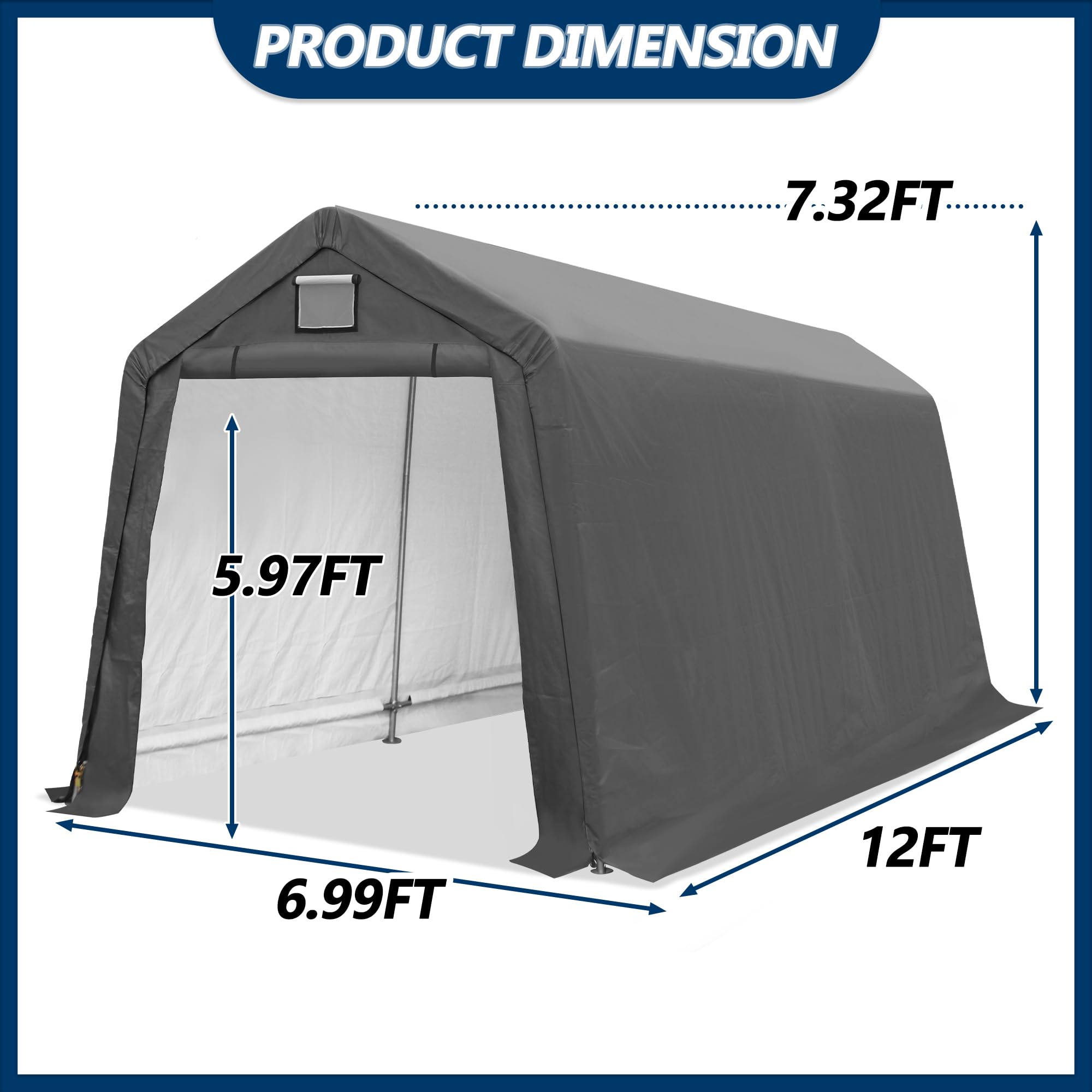 COVERONICS 7' x 12' Outdoor Storage Shed - Heavy Duty Portable Shelter Carport with Ventilation Windows and Roll-up Doors, Storage Shelter Tent for Motorcycle, Bike, Lawnmower and Garden Tools, Grey