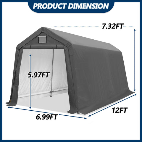 COVERONICS 7' x 12' Outdoor Storage Shed - Heavy Duty Portable Shelter Carport with Ventilation Windows and Roll-up Doors, Storage Shelter Tent for Motorcycle, Bike, Lawnmower and Garden Tools, Grey