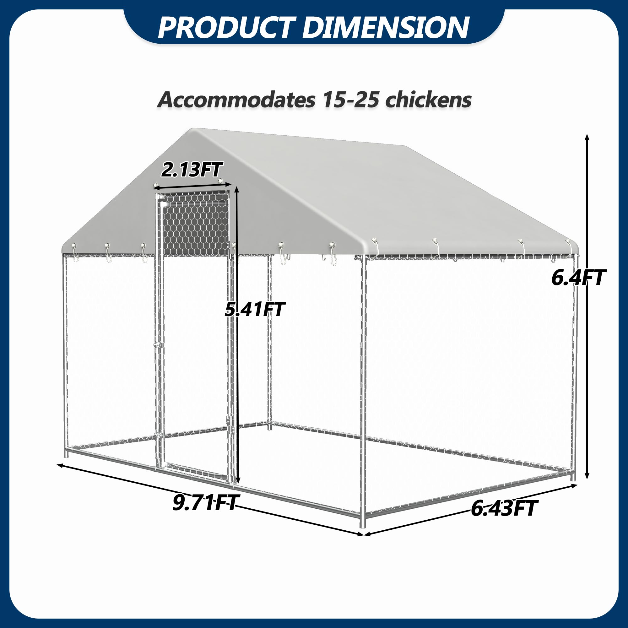 COVERONICS Metal Chicken Coop Run - Outdoor Large Chicken Coop with Waterproof Cover and Security Lock, Walk-in Poultry Pen for Outdoor Yard Farm 9.7 * 6.5 * 6.4FT (1-Unit Spire Roof Coop)