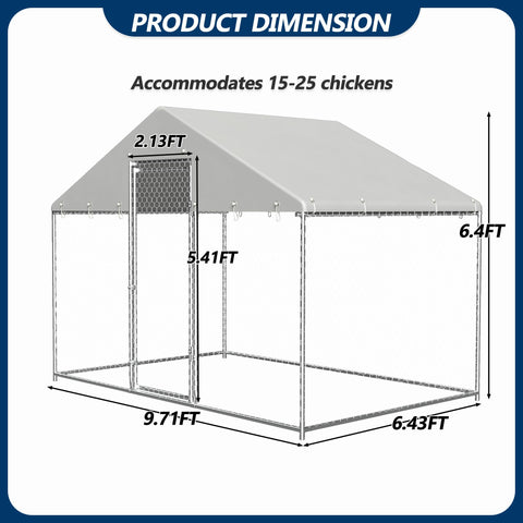 COVERONICS Metal Chicken Coop Run - Outdoor Large Chicken Coop with Waterproof Cover and Security Lock, Walk-in Poultry Pen for Outdoor Yard Farm 9.7 * 6.5 * 6.4FT (1-Unit Spire Roof Coop)