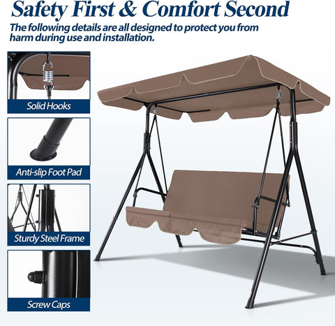 3-Seat Outdoor Porch Swing, Patio Swing Chair with Adjustable Canopy & Durable Metal Frame, Garden Swings Chair with Removable Cushions for Backyard, Terrace, Lawn