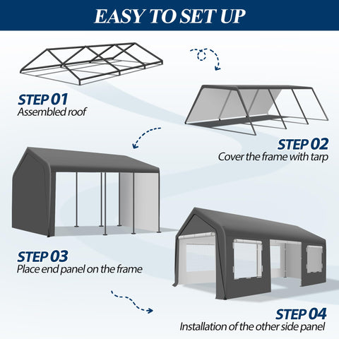 COVERONICS 12' x 20' Heavy Duty Carport Tent - Portable Outdoor Car Canopy with Roll-up Side Doors & Windows, Portable Garage with 4 Sandbags for Car, Truck and Outdoor Event, Grey