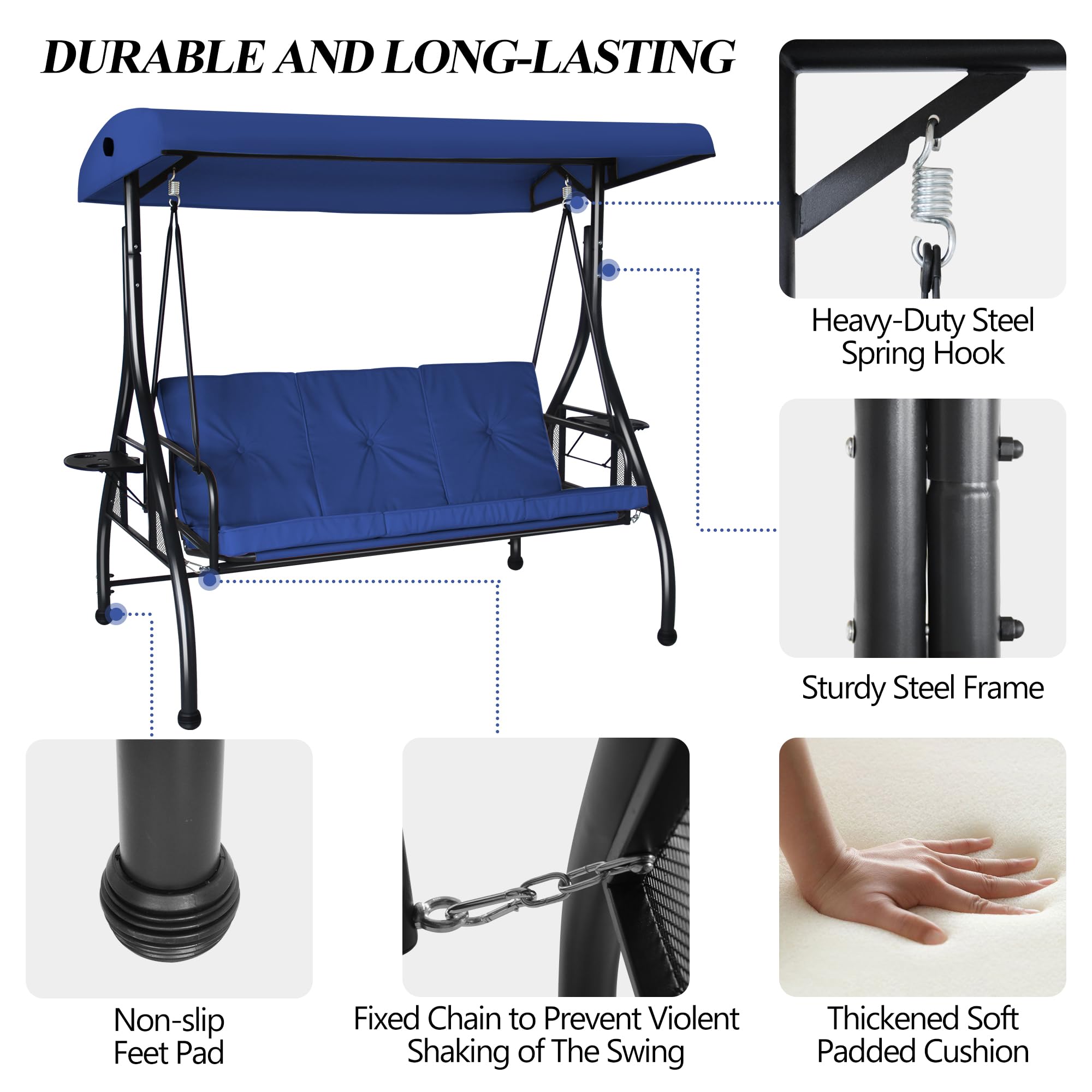 COVERONICS 3-Seat Outdoor Porch Swing, Patio Lounge Swing Chair with Converting Canopy for Deck, Backyard, Poolside, Patio Adjustable Shade & Removable Cushions(Navy Blue)