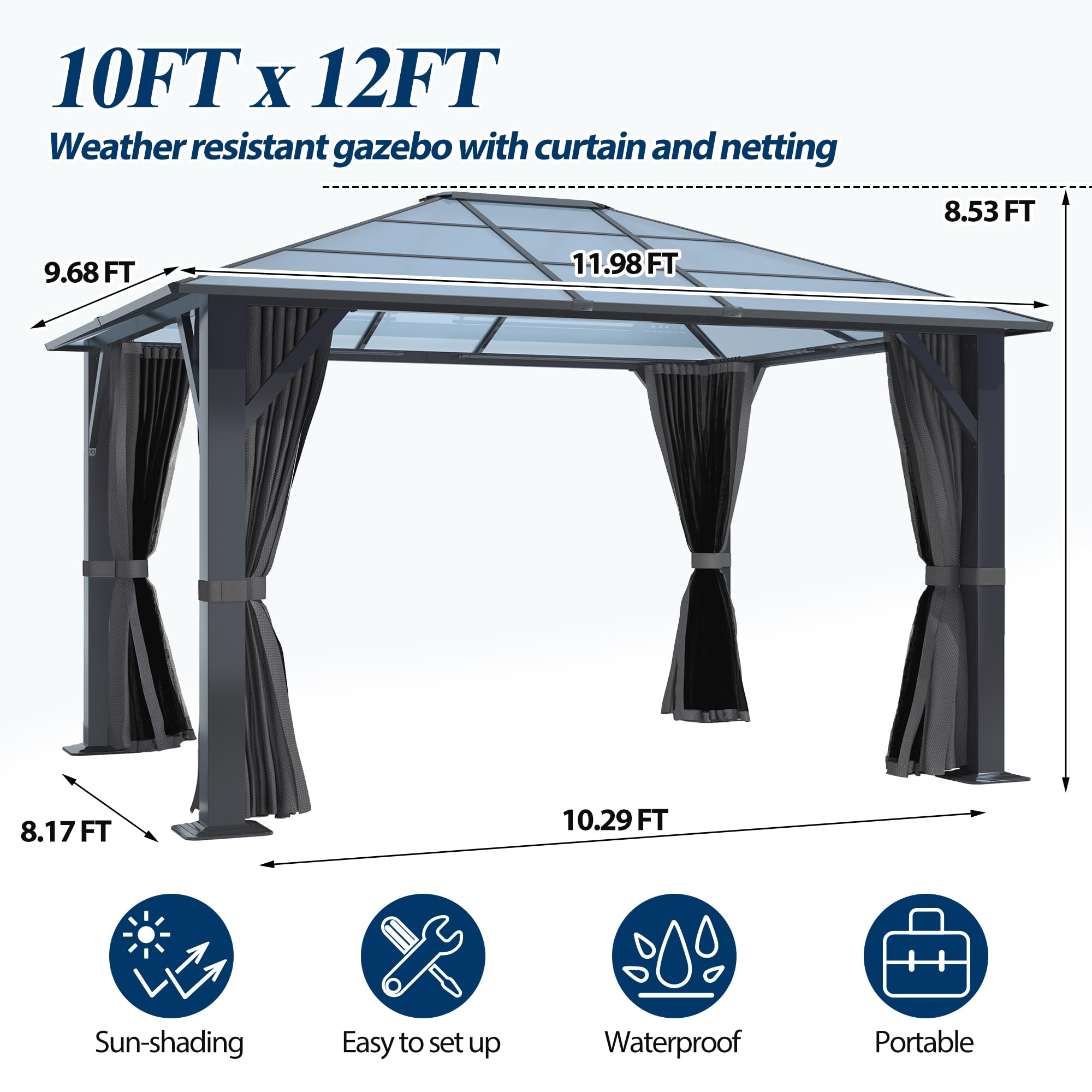 COVERONICS 10' x 12' Porch Polycarbonate Hardtop Gazebo with Steel Frame - Outdoor Translucent Single Roof Gazebo with Breathable Netting & Shaded Curtains for Patio, Lawn, Garden, Backyard, Poolside