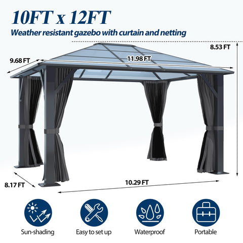 COVERONICS 10' x 12' Porch Polycarbonate Hardtop Gazebo with Steel Frame - Outdoor Translucent Single Roof Gazebo with Breathable Netting & Shaded Curtains for Patio, Lawn, Garden, Backyard, Poolside