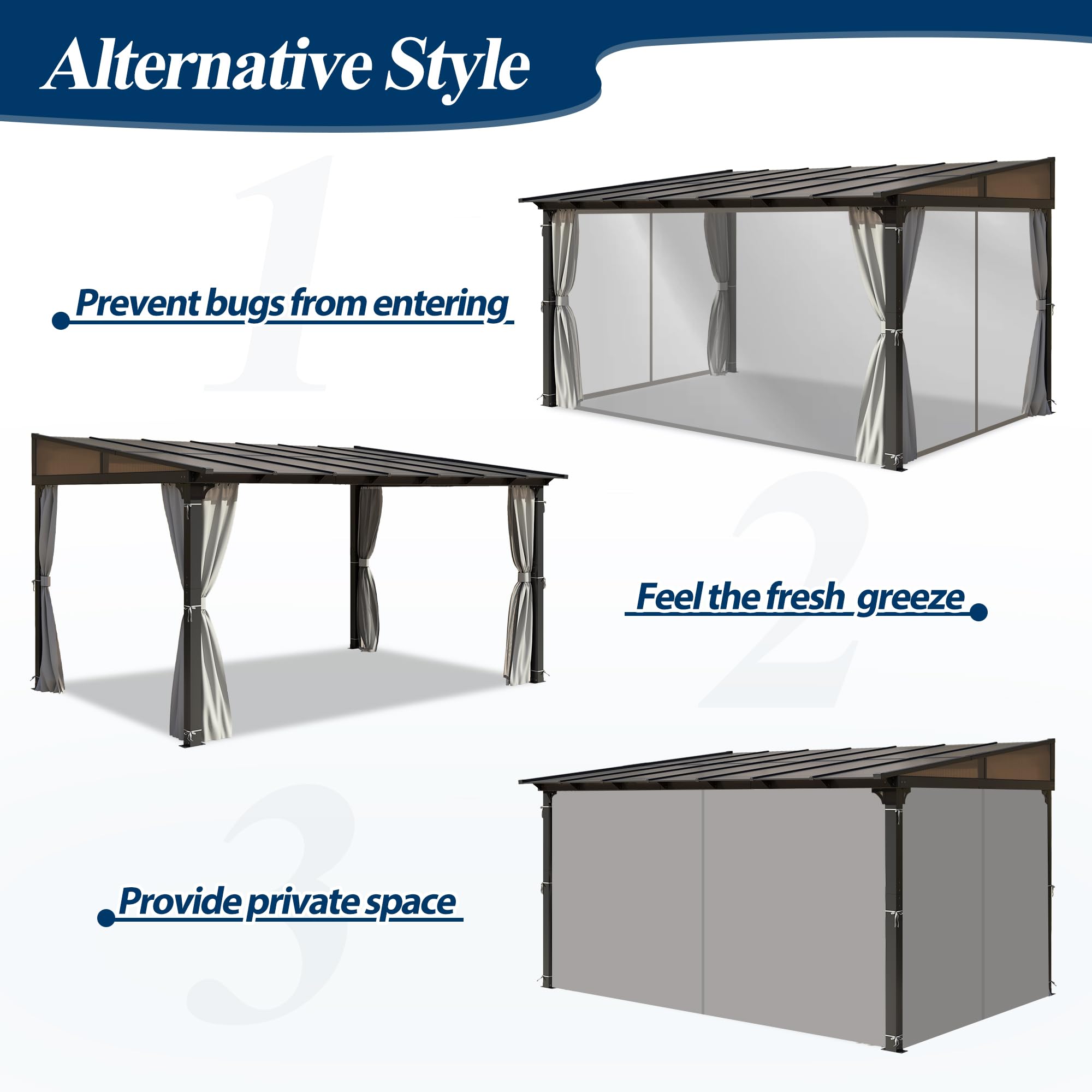 10×13 ft Wall-Mounted Polycarbonate Lean-to Gazebo with Sloped Hardtop, Aluminum Frame, Netting & Curtains