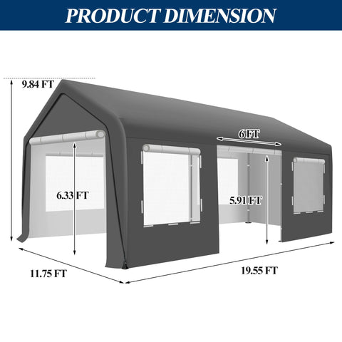 COVERONICS 12' x 20' Heavy Duty Carport Tent - Portable Outdoor Car Canopy with Roll-up Side Doors & Windows, Portable Garage with 4 Sandbags for Car, Truck and Outdoor Event, Grey