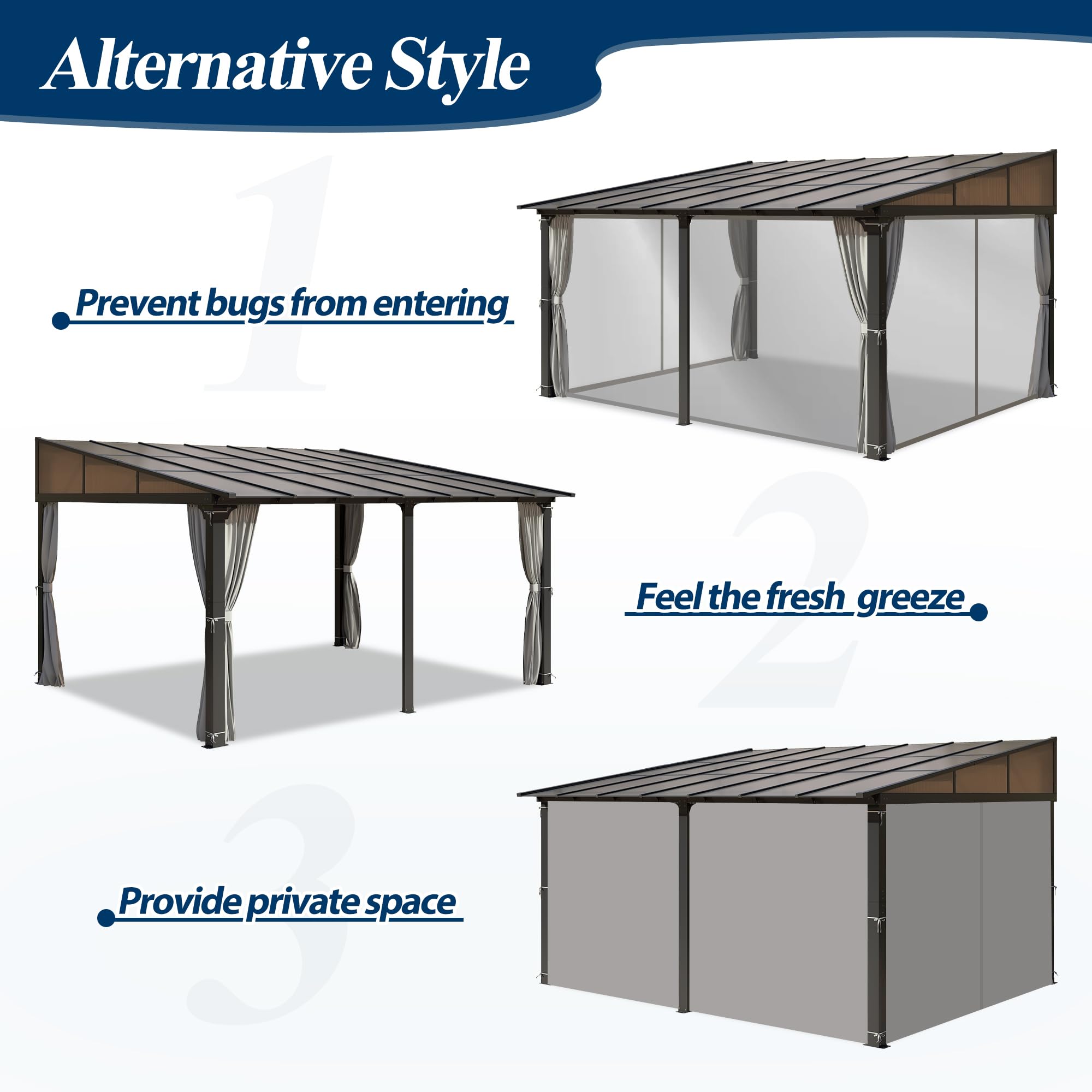 12×14 ft Wall-Mounted Polycarbonate Lean-to Gazebo with Sloped Hardtop, Aluminum Frame, Netting & Curtains