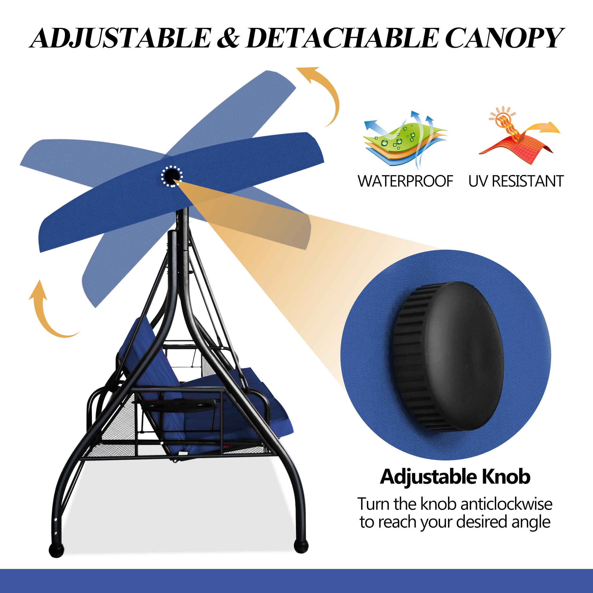 COVERONICS 3-Seat Outdoor Porch Swing, Patio Lounge Swing Chair with Converting Canopy for Deck, Backyard, Poolside, Patio Adjustable Shade & Removable Cushions(Navy Blue)