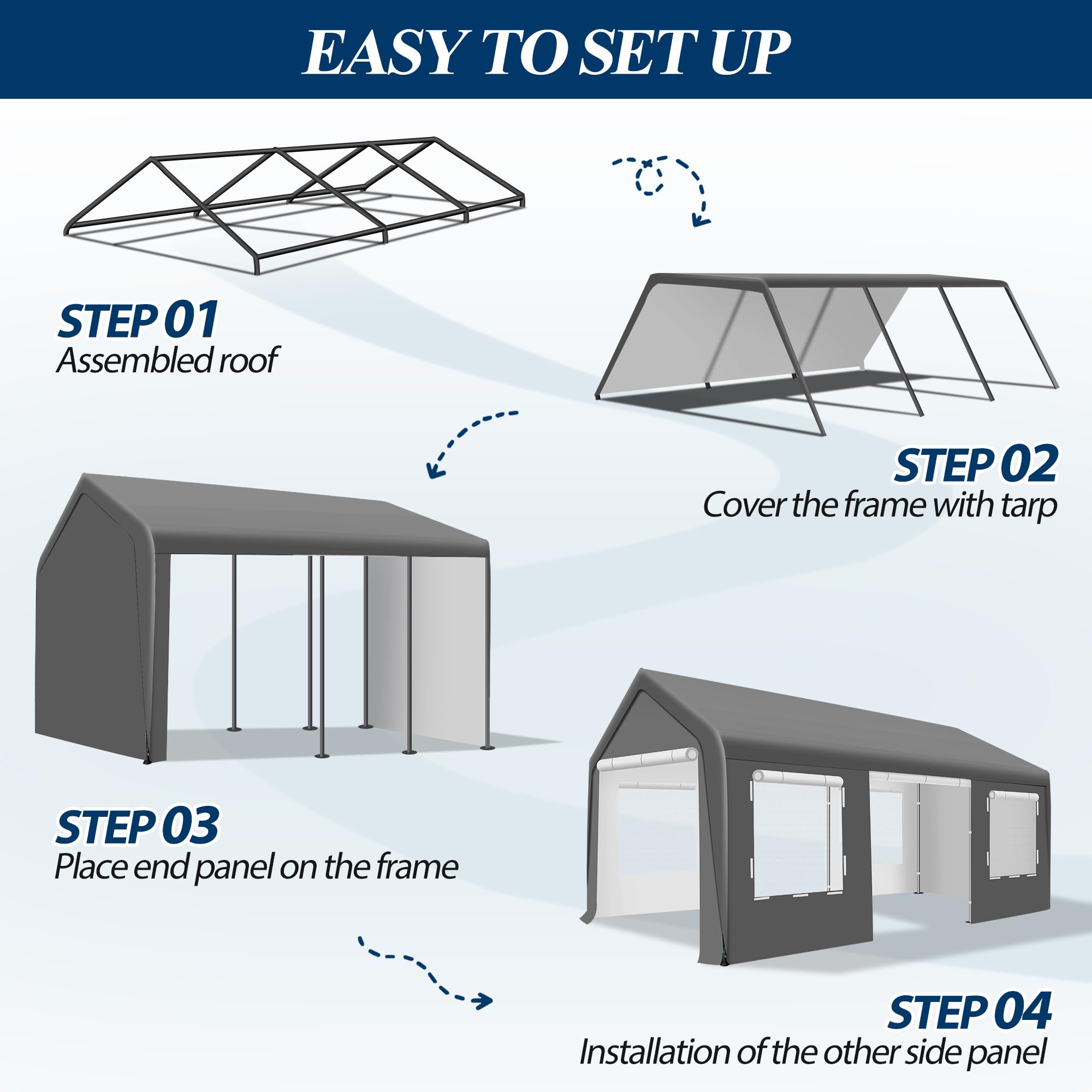 COVERONICS 10' x 20' Heavy Duty Carport Tent - Portable Outdoor Car Canopy with Roll-up Side Doors & Windows, Portable Garage with 4 Sandbags for Car, Truck and Outdoor Event, Grey