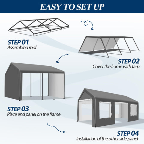 COVERONICS 10' x 20' Heavy Duty Carport Tent - Portable Outdoor Car Canopy with Roll-up Side Doors & Windows, Portable Garage with 4 Sandbags for Car, Truck and Outdoor Event, Grey