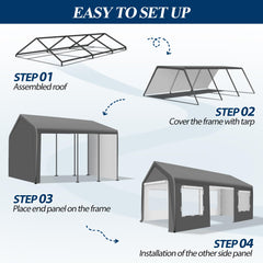 COVERONICS 10' x 20' Heavy Duty Carport Tent - Portable Outdoor Car Canopy with Roll-up Side Doors & Windows, Portable Garage with 4 Sandbags for Car, Truck and Outdoor Event, Grey