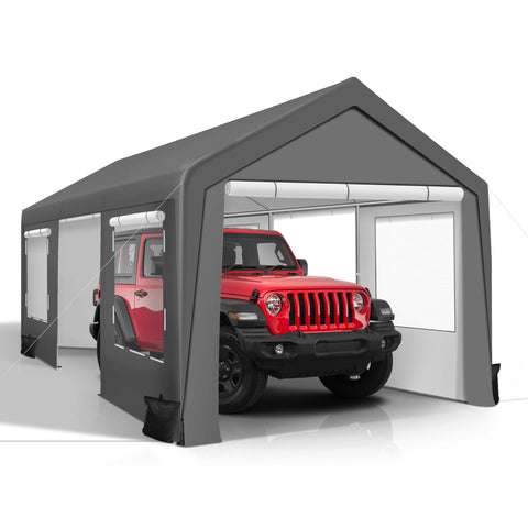 COVERONICS 10' x 20' Heavy Duty Carport Tent - Portable Outdoor Car Canopy with Roll-up Side Doors & Windows, Portable Garage with 4 Sandbags for Car, Truck and Outdoor Event, Grey