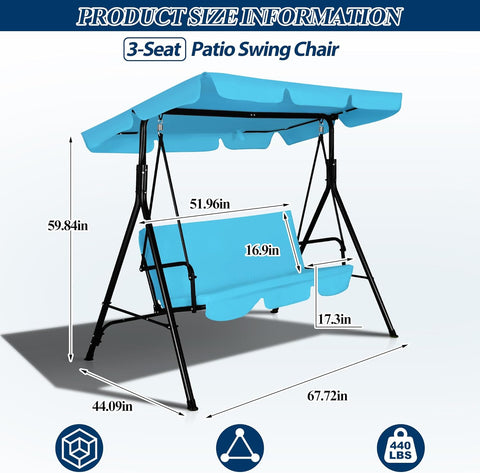 3-Seat Outdoor Porch Swing, Patio Swing Chair with Adjustable Canopy & Durable Metal Frame, Garden Swings Chair with Removable Cushions for Backyard, Terrace, Lawn