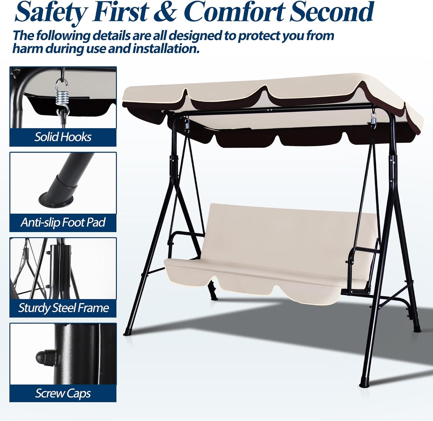 3-Seat Outdoor Porch Swing, Patio Swing Chair with Adjustable Canopy & Durable Metal Frame, Garden Swings Chair with Removable Cushions for Backyard, Terrace, Lawn