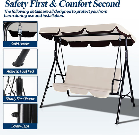 3-Seat Outdoor Porch Swing, Patio Swing Chair with Adjustable Canopy & Durable Metal Frame, Garden Swings Chair with Removable Cushions for Backyard, Terrace, Lawn