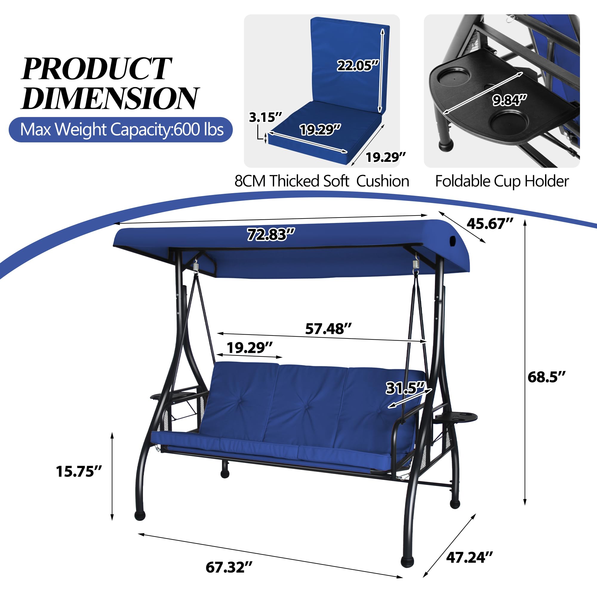 COVERONICS 3-Seat Outdoor Porch Swing, Patio Lounge Swing Chair with Converting Canopy for Deck, Backyard, Poolside, Patio Adjustable Shade & Removable Cushions(Navy Blue)