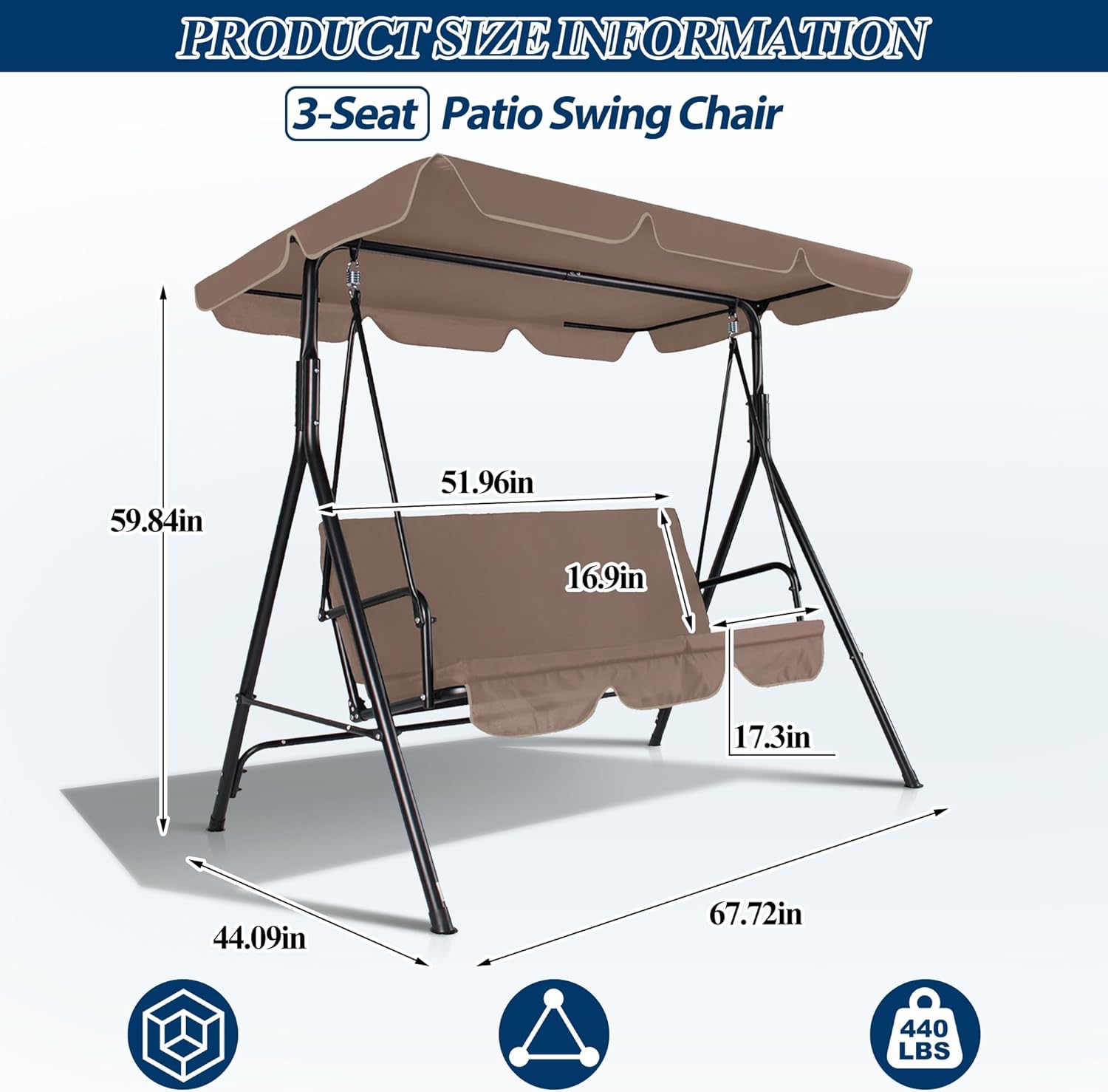 3-Seat Outdoor Porch Swing, Patio Swing Chair with Adjustable Canopy & Durable Metal Frame, Garden Swings Chair with Removable Cushions for Backyard, Terrace, Lawn