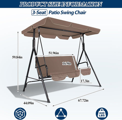3-Seat Outdoor Porch Swing, Patio Swing Chair with Adjustable Canopy & Durable Metal Frame, Garden Swings Chair with Removable Cushions for Backyard, Terrace, Lawn
