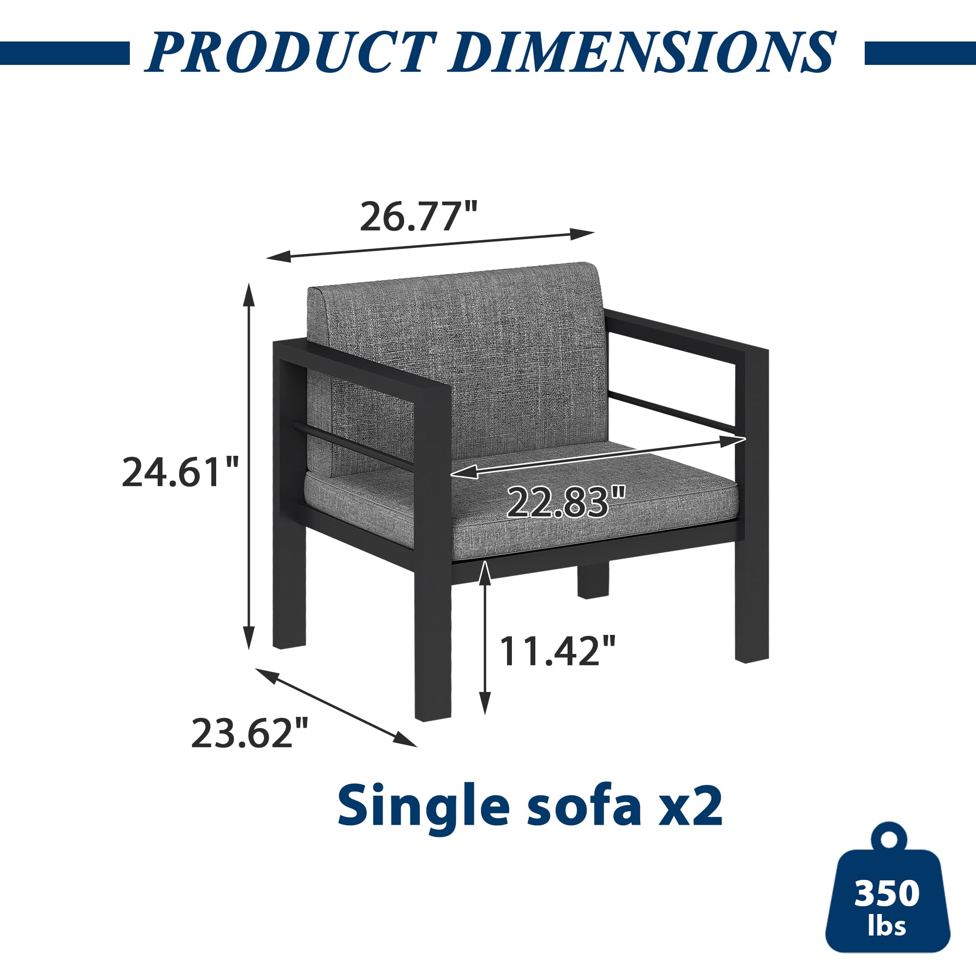 2-Piece Aluminum Armchair Set with Waterproof Cushions, All-Weather Patio Conversation Chairs