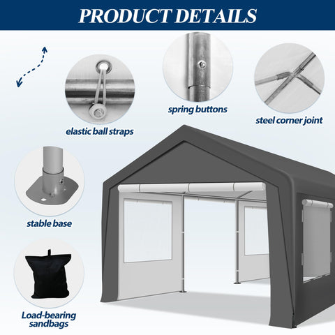 COVERONICS 12' x 20' Heavy Duty Carport Tent - Portable Outdoor Car Canopy with Roll-up Side Doors & Windows, Portable Garage with 4 Sandbags for Car, Truck and Outdoor Event, Grey