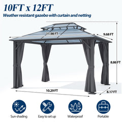 COVERONICS 10FT x 12FT Patio Polycarbonate Hardtop Gazebo with Steel Frame - Outdoor Translucent Double Roof Gazebo with Netting & Curtains for Lawn, Garden, Backyard, Poolside