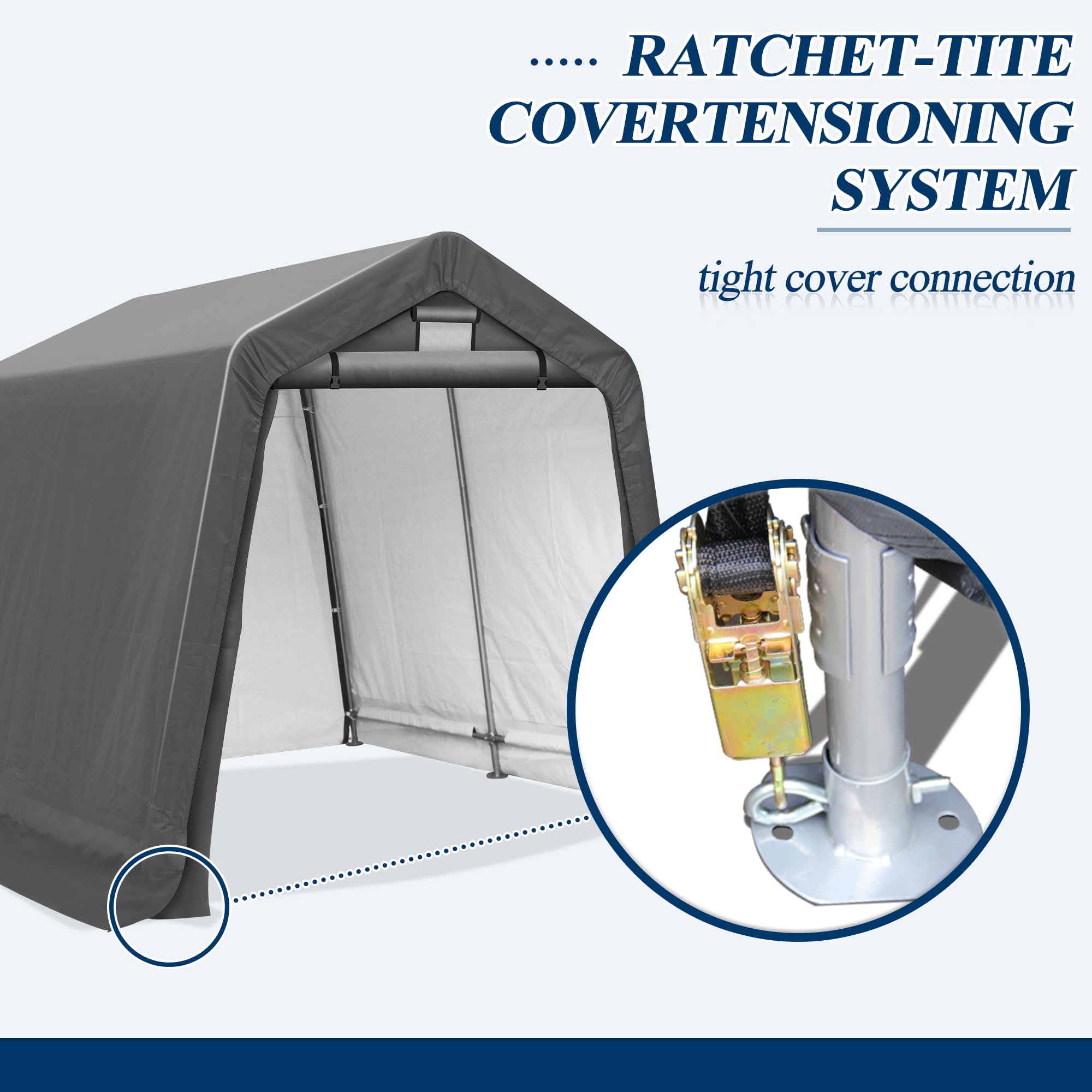 COVERONICS 8' x 8' Outdoor Storage Shed - Heavy Duty Portable Shelter Carport with Ventilation Windows and Roll-up Doors, Storage Shelter Tent for Motorcycle, Bike, Lawnmower and Garden Tools, Grey