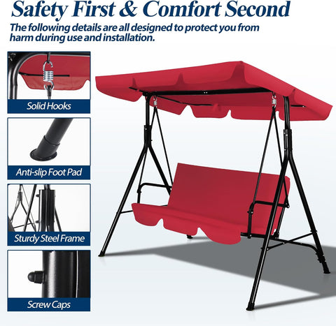 3-Seat Outdoor Porch Swing, Patio Swing Chair with Adjustable Canopy & Durable Metal Frame, Garden Swings Chair with Removable Cushions for Backyard, Terrace, Lawn