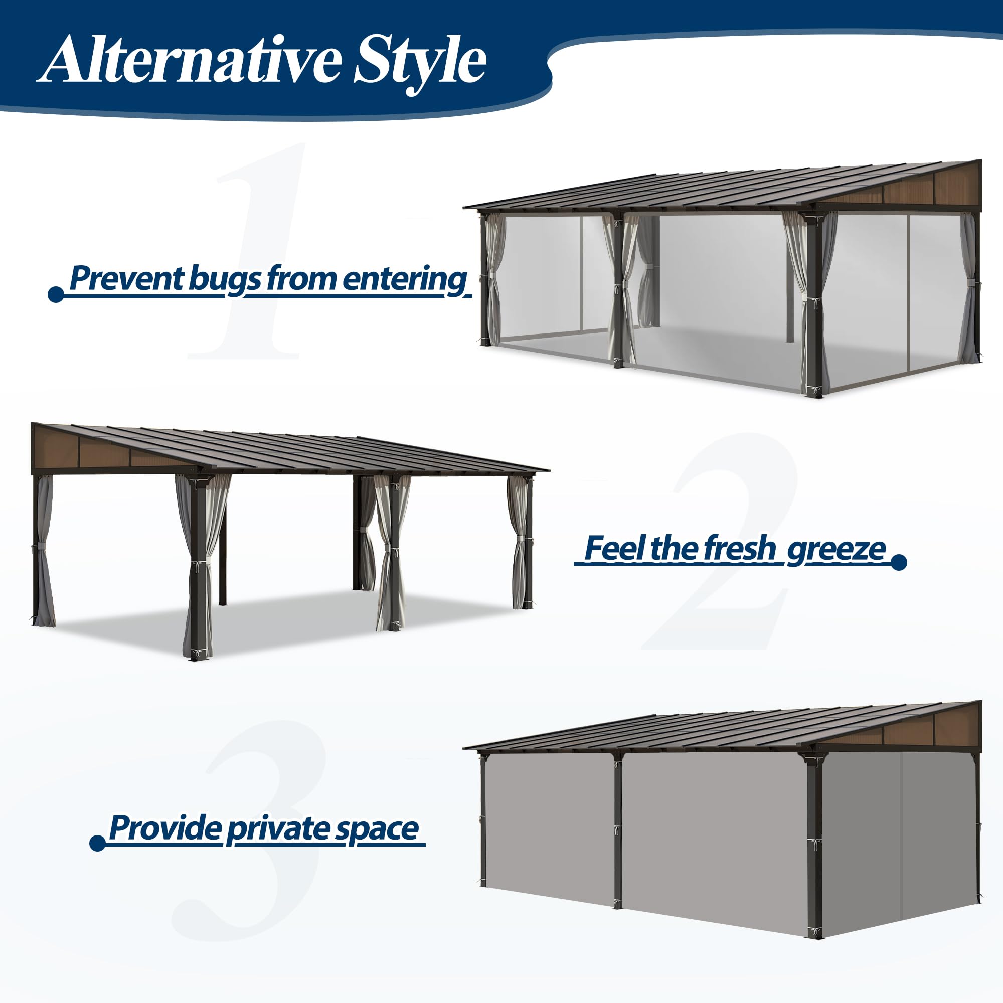 12×20 ft Wall-Mounted Polycarbonate Lean-to Gazebo with Sloped Hardtop, Aluminum Frame, Netting & Curtains
