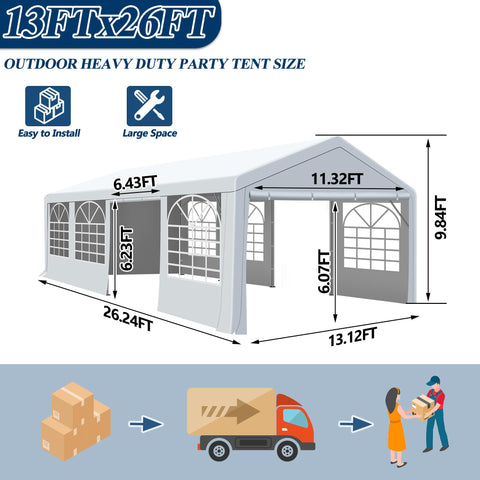 COVERONICS Outdoor Party Tent, 13'X26' Patio Canopy Party Tent with Rollable Sides and 4 Sandbags, Heavy Duty Steel Frame Carport Gazebo Event Tent Perfect for Birthday Party, Wedding, Outdoor Event