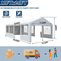 COVERONICS Outdoor Party Tent, 13'X26' Patio Canopy Party Tent with Rollable Sides and 4 Sandbags, Heavy Duty Steel Frame Carport Gazebo Event Tent Perfect for Birthday Party, Wedding, Outdoor Event