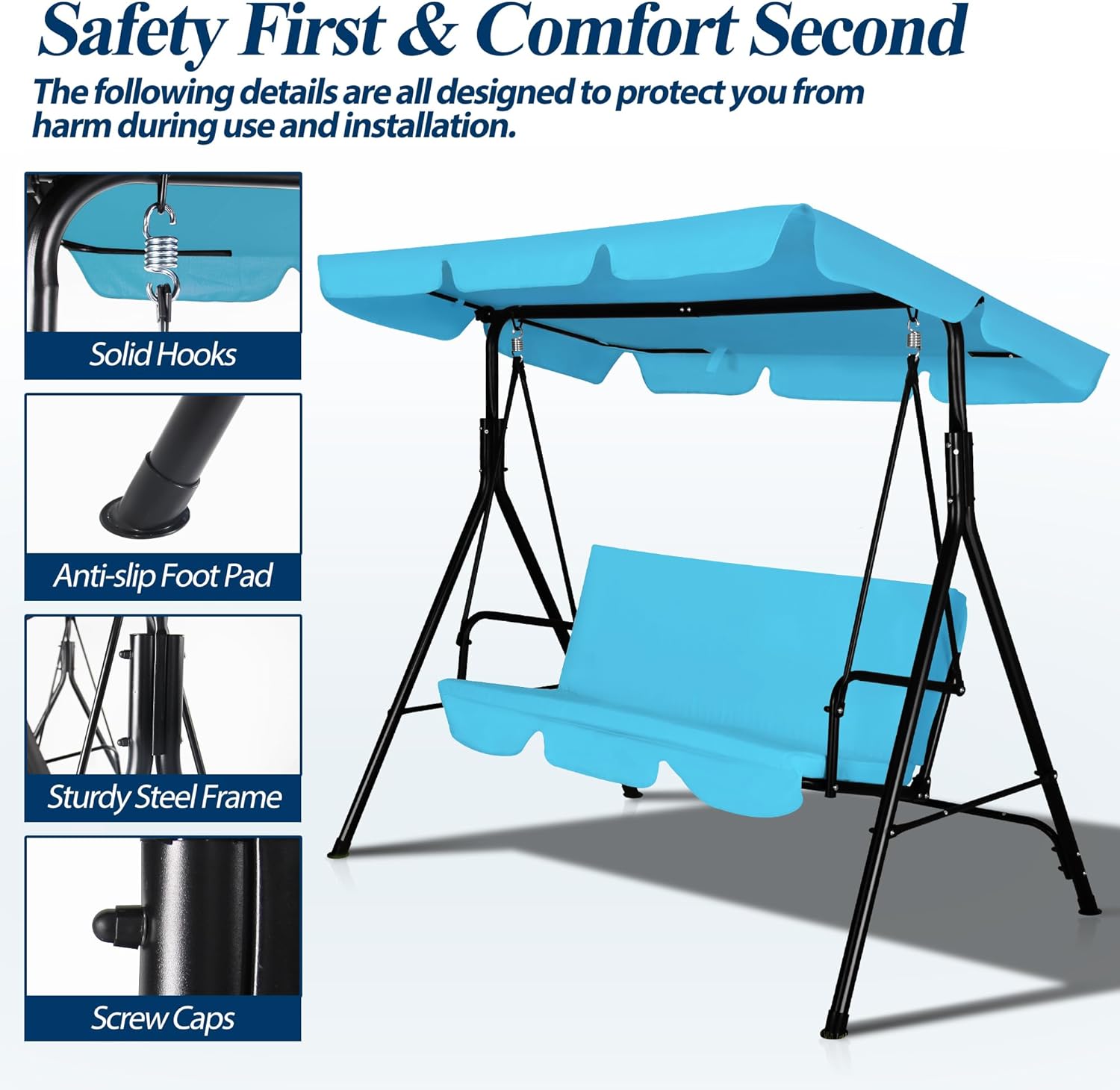 3-Seat Outdoor Porch Swing, Patio Swing Chair with Adjustable Canopy & Durable Metal Frame, Garden Swings Chair with Removable Cushions for Backyard, Terrace, Lawn