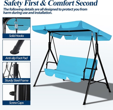 3-Seat Outdoor Porch Swing, Patio Swing Chair with Adjustable Canopy & Durable Metal Frame, Garden Swings Chair with Removable Cushions for Backyard, Terrace, Lawn