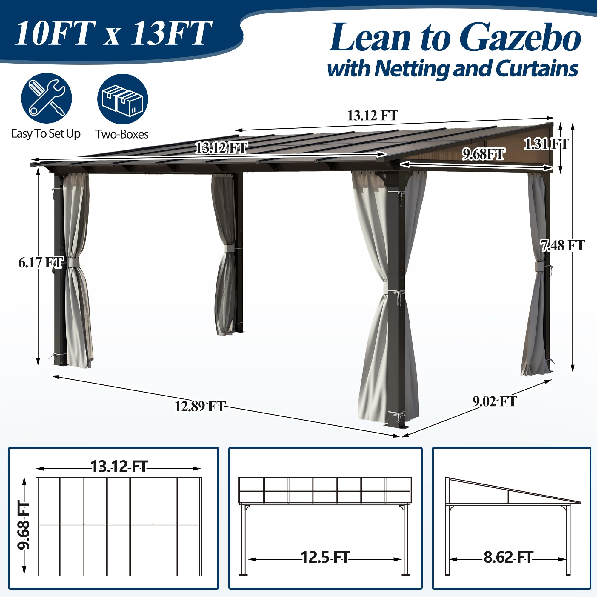 10×13 ft Wall-Mounted Polycarbonate Lean-to Gazebo