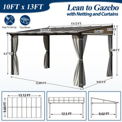 COVERONICS 10' X 13' Outdoor Polycarbonate Lean to Gazebo - Wall-Mounted Aluminum Frame Gazebo with Slope Hardtop, Patio Heavy-Duty Lean to Pergola with Netting & Curtains for Garden, Backyard, Deck