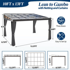 COVERONICS 10' X 13' Outdoor Wall-Mounted Hardtop Gazebo - Lean to Aluminum Frame Gazebo with Slope Roof, Heavy-Duty Polycarbonate Top Gazebo Pergola with Netting & Curtains for Rainy Day, Sunlight