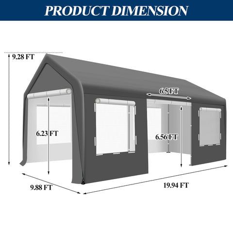 COVERONICS 10' x 20' Heavy Duty Carport Tent - Portable Outdoor Car Canopy with Roll-up Side Doors & Windows, Portable Garage with 4 Sandbags for Car, Truck and Outdoor Event, Grey