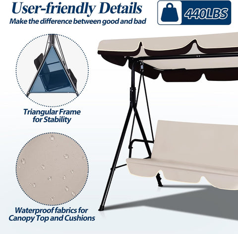 3-Seat Outdoor Porch Swing, Patio Swing Chair with Adjustable Canopy & Durable Metal Frame, Garden Swings Chair with Removable Cushions for Backyard, Terrace, Lawn