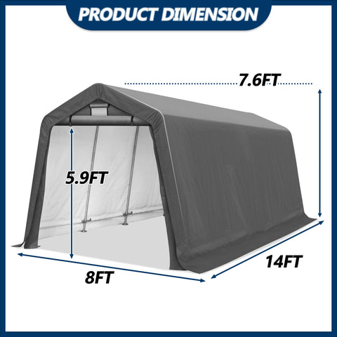 COVERONICS 8' x 14' Outdoor Storage Shed - Heavy Duty Portable Shelter Carport with Ventilation Windows and Roll-up Doors, Storage Shelter Tent for Motorcycle, Bike, Lawnmower and Garden Tools, Grey