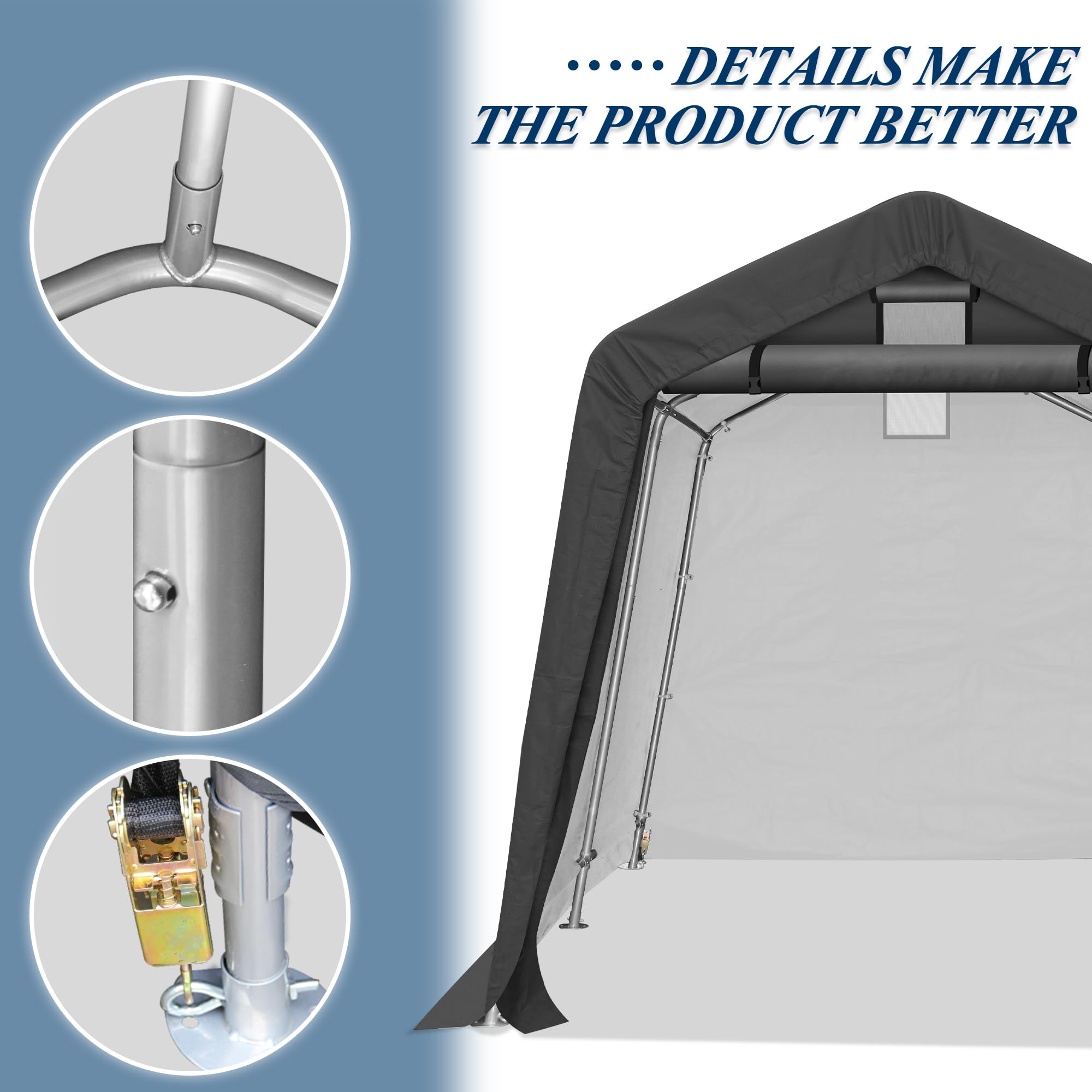 COVERONICS 8' x 8' Outdoor Storage Shed - Heavy Duty Portable Shelter Carport with Ventilation Windows and Roll-up Doors, Storage Shelter Tent for Motorcycle, Bike, Lawnmower and Garden Tools, Grey