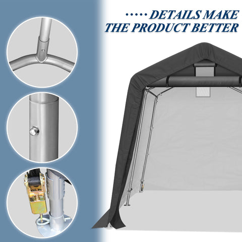 COVERONICS 8' x 8' Outdoor Storage Shed - Heavy Duty Portable Shelter Carport with Ventilation Windows and Roll-up Doors, Storage Shelter Tent for Motorcycle, Bike, Lawnmower and Garden Tools, Grey