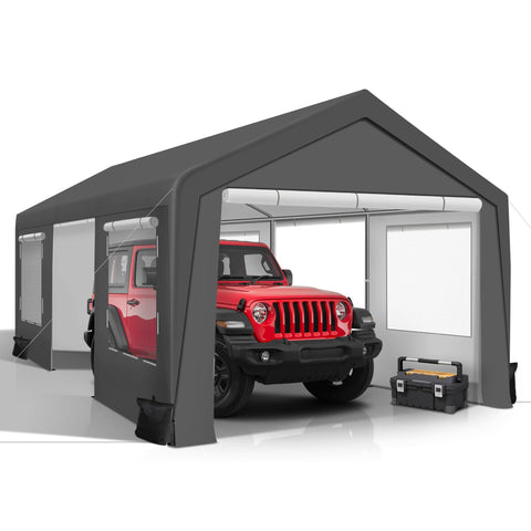 COVERONICS 12' x 20' Heavy Duty Carport Tent - Portable Outdoor Car Canopy with Roll-up Side Doors & Windows, Portable Garage with 4 Sandbags for Car, Truck and Outdoor Event, Grey
