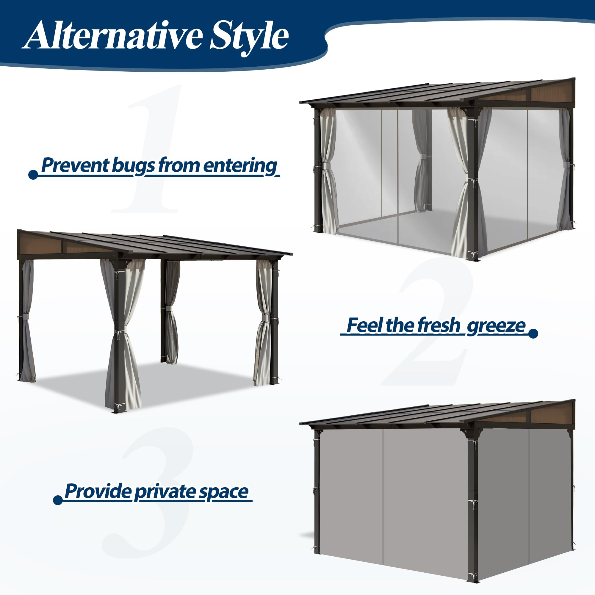 10×10 ft Polycarbonate Lean-To Gazebo with Aluminum Frame & Netting for Patio
