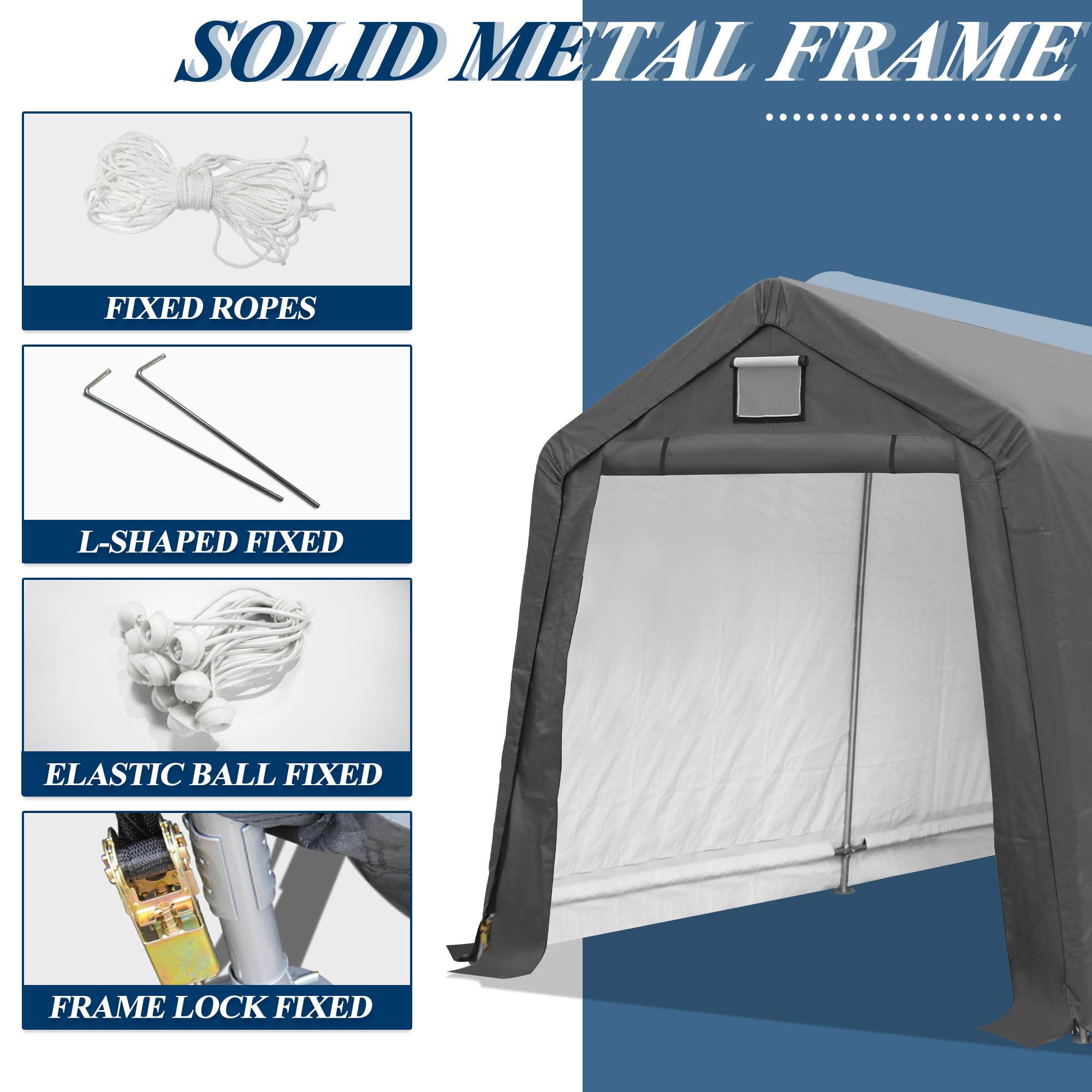 COVERONICS 7' x 12' Outdoor Storage Shed - Heavy Duty Portable Shelter Carport with Ventilation Windows and Roll-up Doors, Storage Shelter Tent for Motorcycle, Bike, Lawnmower and Garden Tools, Grey