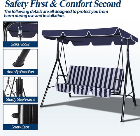 3-Seat Outdoor Porch Swing, Patio Swing Chair with Adjustable Canopy & Durable Metal Frame, Garden Swings Chair with Removable Cushions for Backyard, Terrace, Lawn