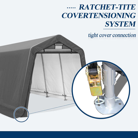 COVERONICS 8' x 14' Outdoor Storage Shed - Heavy Duty Portable Shelter Carport with Ventilation Windows and Roll-up Doors, Storage Shelter Tent for Motorcycle, Bike, Lawnmower and Garden Tools, Grey