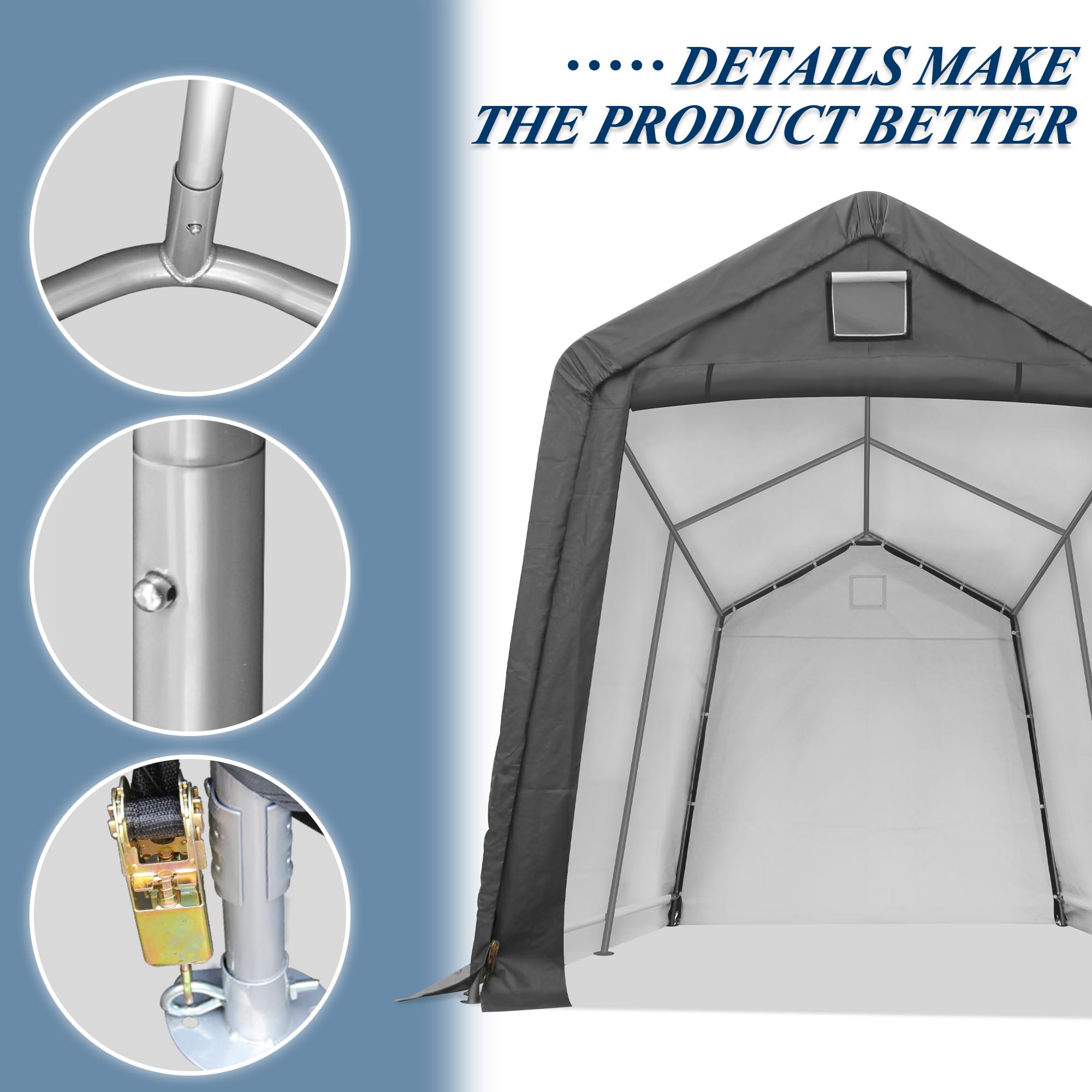 COVERONICS 7' x 12' Outdoor Storage Shed - Heavy Duty Portable Shelter Carport with Ventilation Windows and Roll-up Doors, Storage Shelter Tent for Motorcycle, Bike, Lawnmower and Garden Tools, Grey
